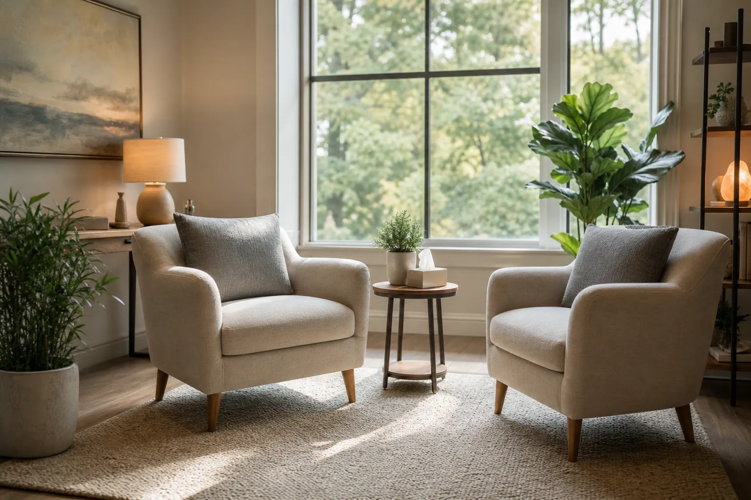 Welcoming counseling office with soft seating and natural light